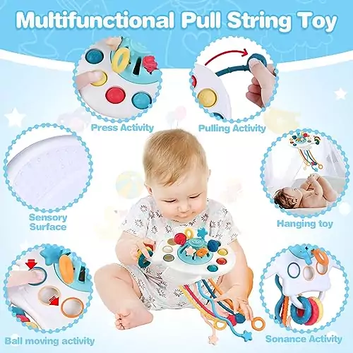 Montessori-inspired 5-in-1 baby toy set featuring soft teething elements and a sensory bin, designed to support infant developmental milestones.