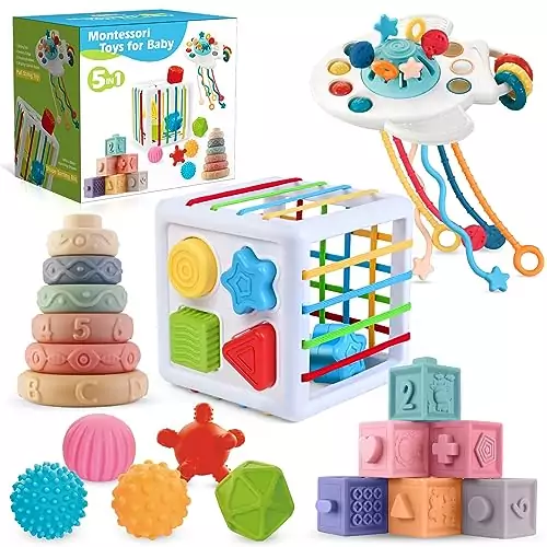 Montessori-inspired baby toys designed for early learning, featuring a soft teething sensory bin that fosters unique playtime and developmental growth.