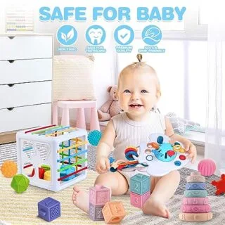 Montessori teething sensory toys designed for babies aged 0-12 months promote early learning and stimulate sensory development during playtime.
