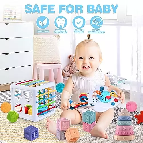 Montessori teething sensory toys designed for babies aged 0-12 months promote early learning and stimulate sensory development during playtime.