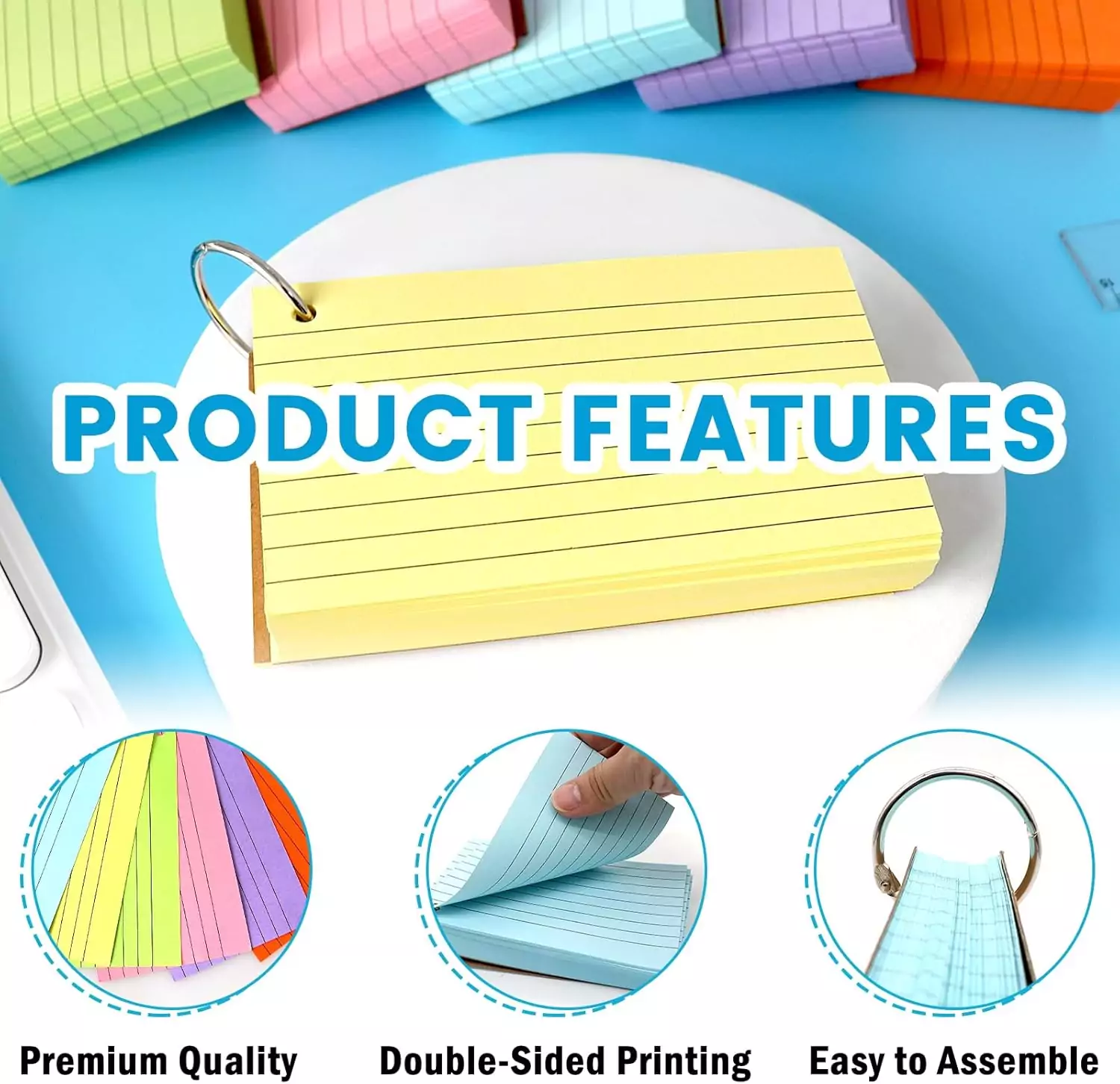 600-piece set of 3x5 colored index cards with rings, perfect for study aids, flashcards, and classroom use for both teachers and students.