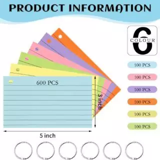 600pcs 3x5 Colored Index Cards: Ruled Flashcards with Ring, Perfect for Educators and Classroom Learning, Ideal Study Aid and Organizational Tool.