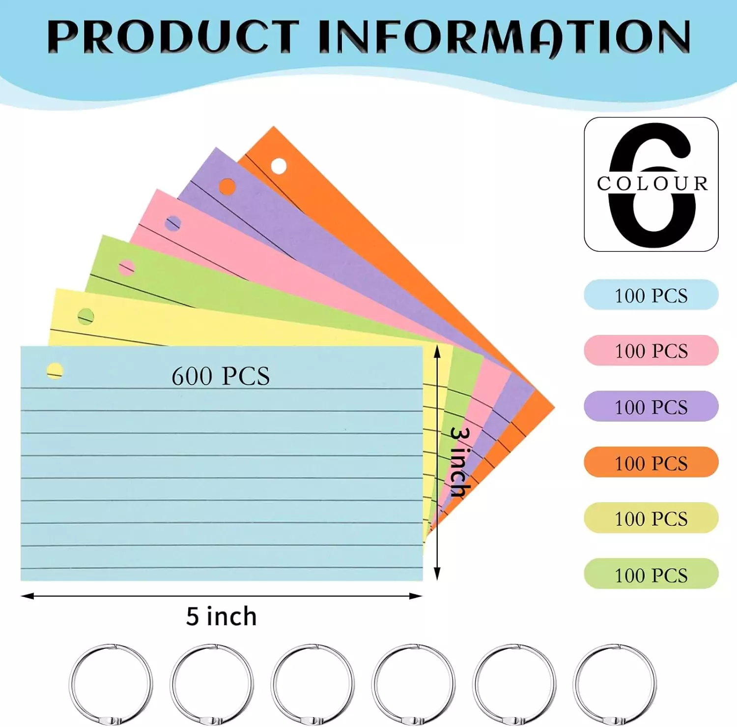600pcs 3x5 Colored Index Cards: Ruled Flashcards with Ring, Perfect for Educators and Classroom Learning, Ideal Study Aid and Organizational Tool.