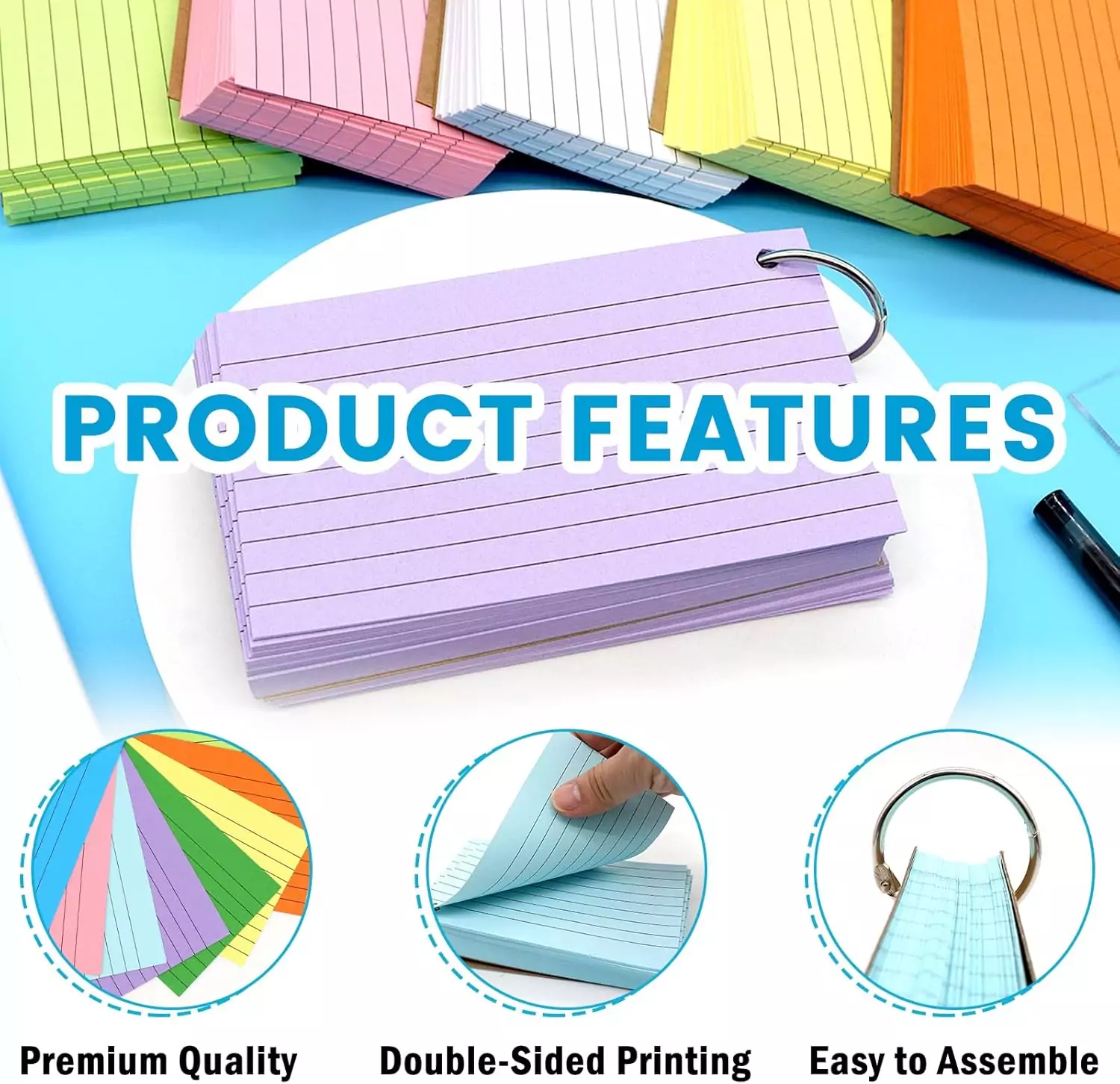 Vibrant pack of 800 colorful 3x5 ruled flashcards with ring, ideal for educators to enhance learning and organization in the classroom.