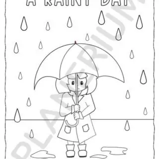 Child with umbrella on rainy day coloring page.