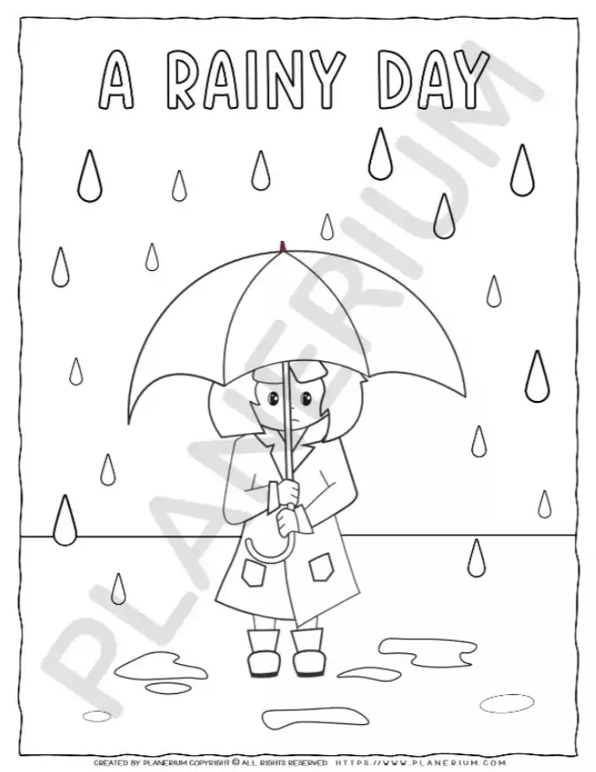 Child with umbrella on rainy day coloring page.