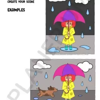 Girl with umbrella, rainy scene, cartoon dog.