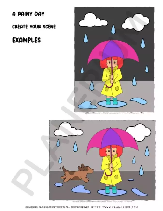 Girl with umbrella, rainy scene, cartoon dog.