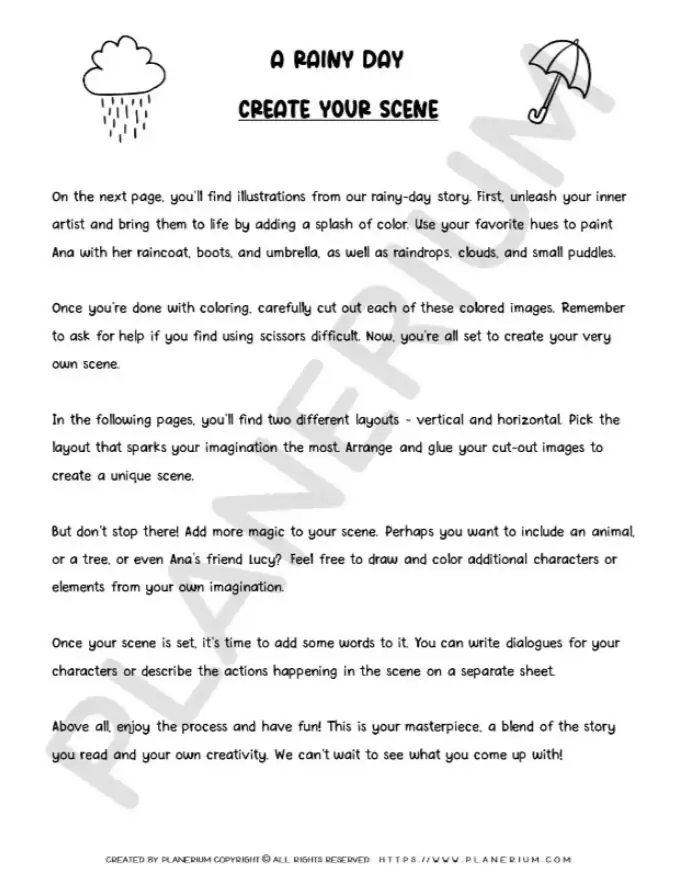 Rainy day scene creation activity instructions.