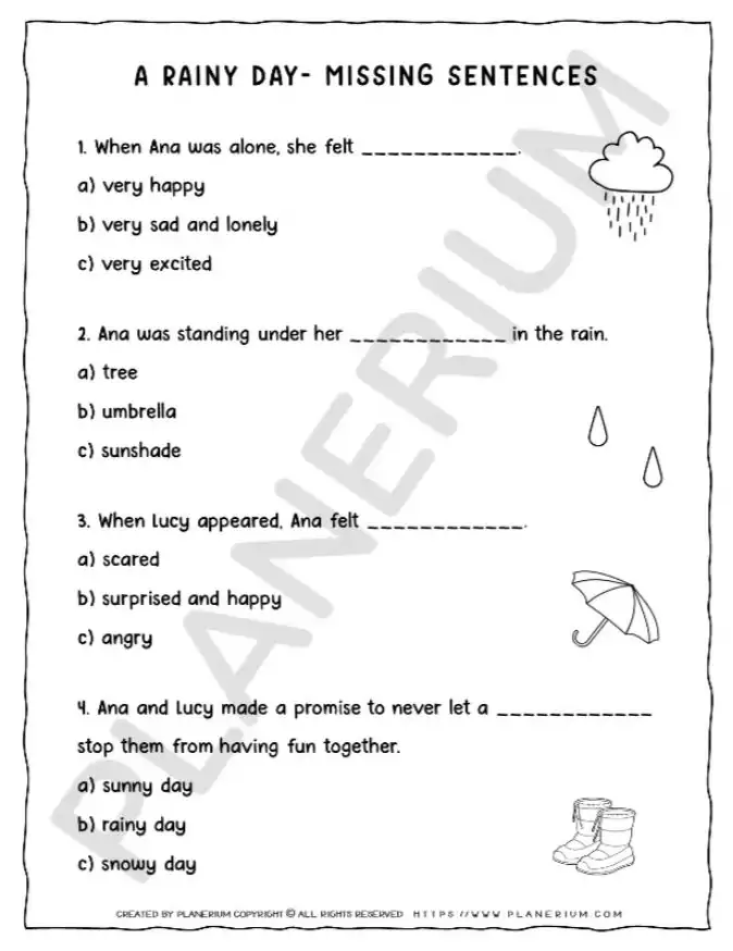 Rainy day fill-in-the-blanks worksheet for kids.