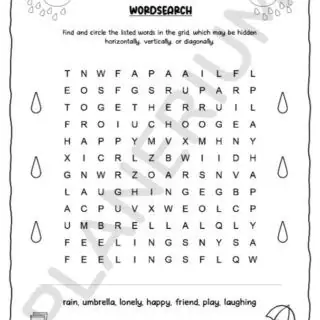 Word search puzzle: a rainy day themed.