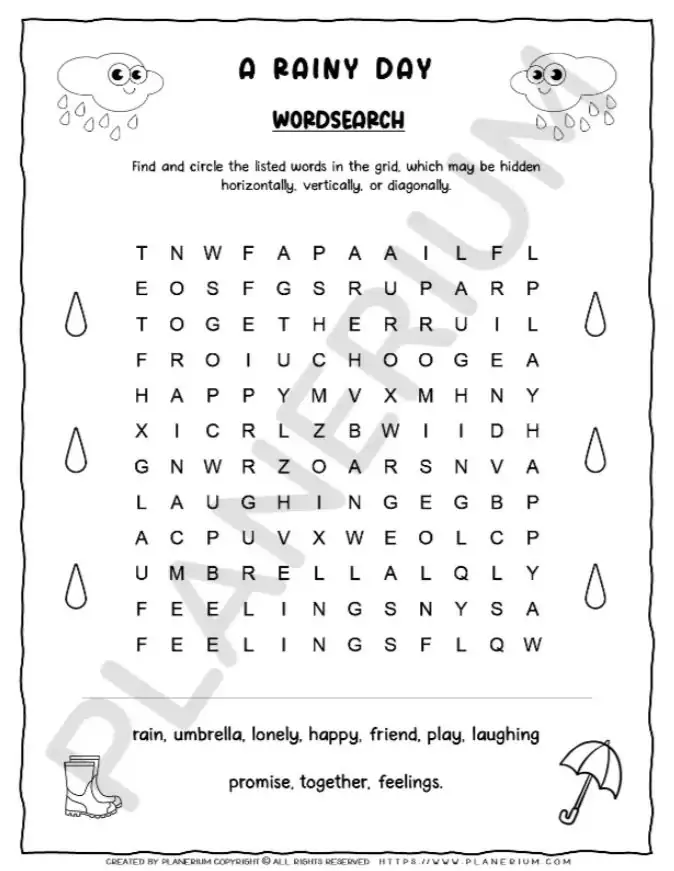 Word search puzzle: a rainy day themed.