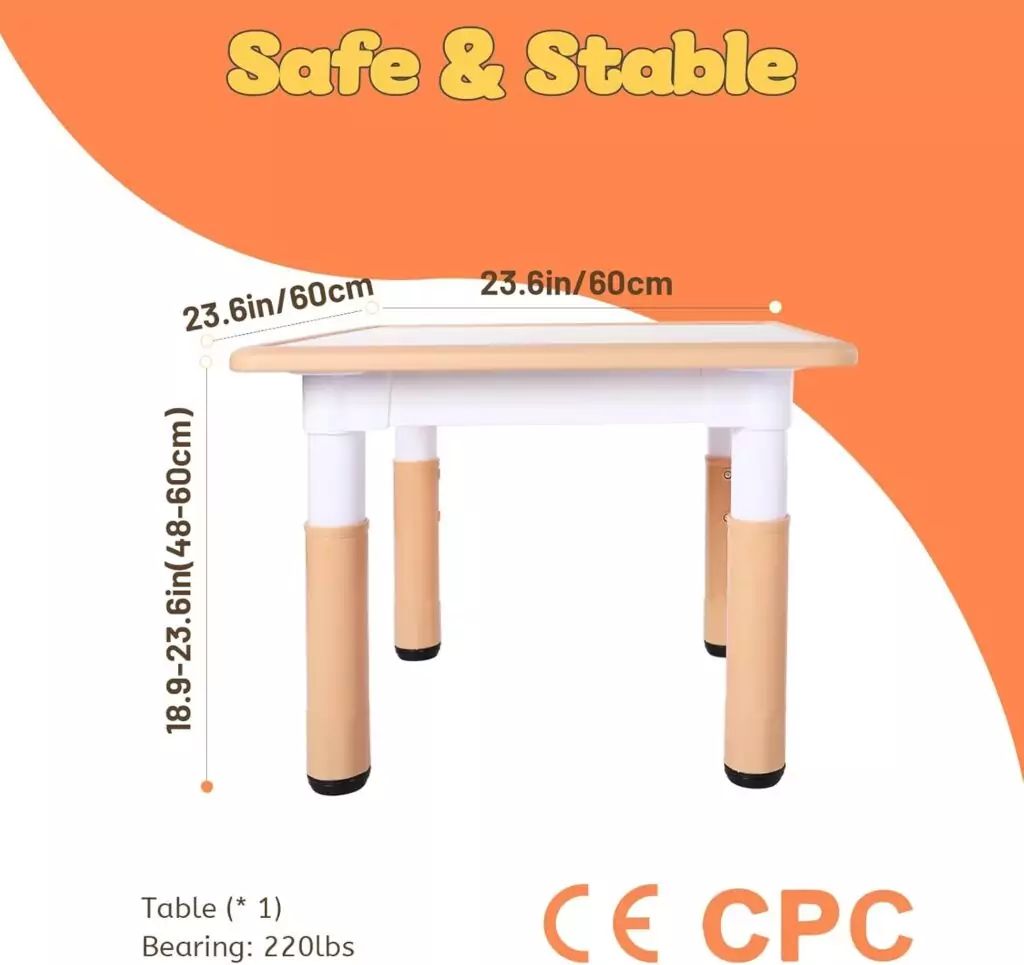 Vibrant adjustable kids table with three height settings, perfect for classroom use; suitable for ages 3-8 and easy to clean.