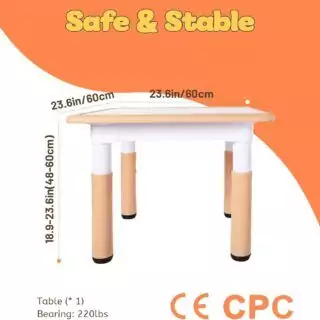 Vibrant adjustable kids table with three height settings, perfect for classroom use; suitable for ages 3-8 and easy to clean.