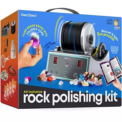 Advanced Rock Tumbler Kit features a digital timer and three adjustable speeds, ideal for educational science experiments and geology enthusiasts.
