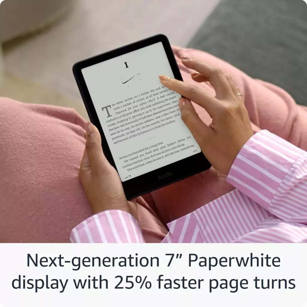 Kindle Paperwhite 16GB: Fast E-Reader with 7-Inch Glare-Free Screen, Ideal for Educators, Against a Serene Blue Backdrop