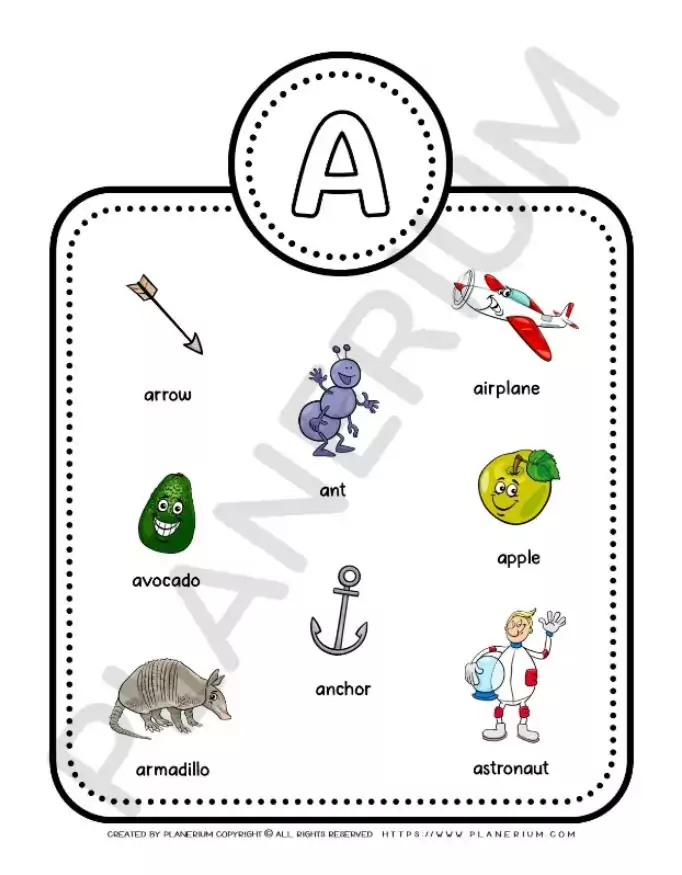 Illustrated alphabet card for letter A with images.