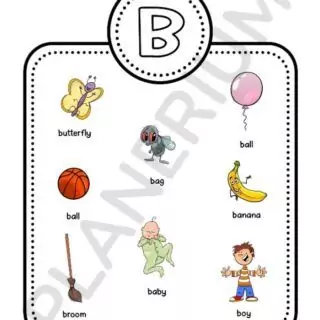 Letter B objects: butterfly, ball, bag, banana.