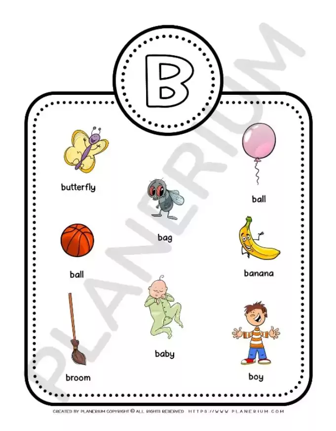 Letter B objects: butterfly, ball, bag, banana.