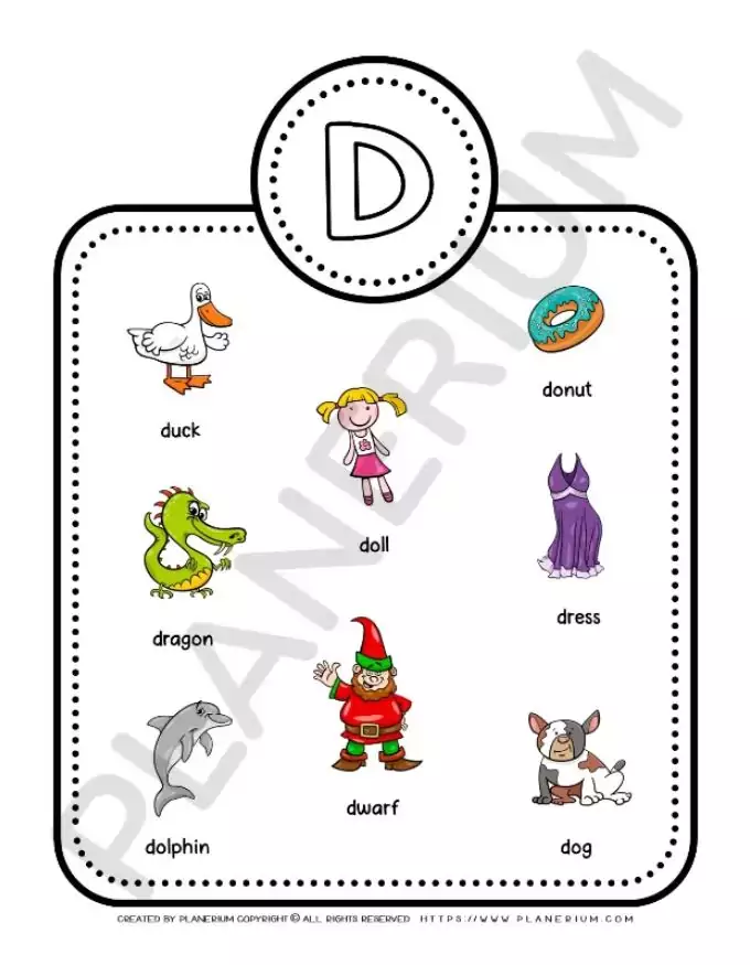 Illustrations of words starting with D: duck, donut, doll.
