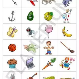 Illustrated grid with objects and animals for kids.