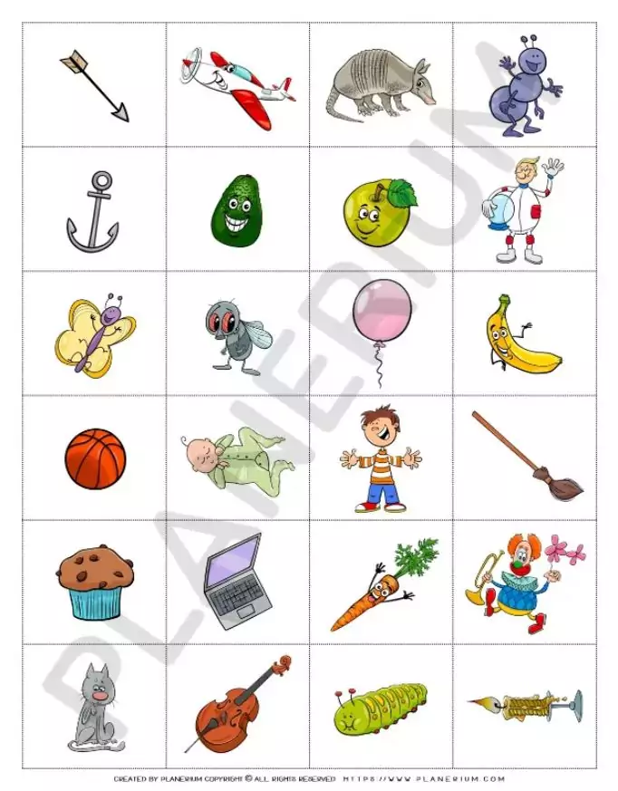 Illustrated grid with objects and animals for kids.