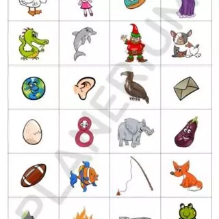 Cartoon bingo sheet with various images, like animals.