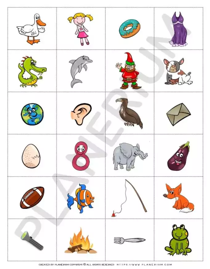Cartoon bingo sheet with various images, like animals.