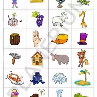 Cartoon objects and animals in a grid.