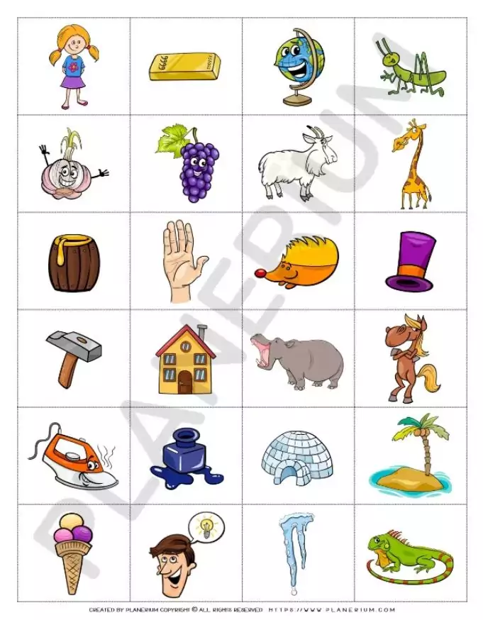 Cartoon objects and animals in a grid.
