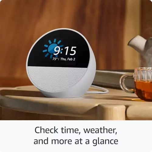 Smart alarm clock Amazon Echo Spot 2024 with Alexa offers vibrant audio, perfect for enhancing an educator's desk setup and boosting productivity.