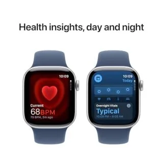 Apple Watch Series 10: 42mm GPS fitness tracker with silver aluminum case and denim sport band, ideal for educators seeking advanced health features.