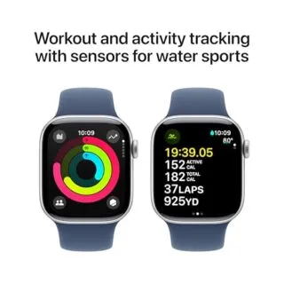 Apple Watch Series 10 Educators Edition features a 42mm silver aluminum case, GPS, and denim sport band, ideal for fitness tracking and educational use.