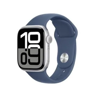 Apple Watch Series 10 GPS 42mm in silver with a durable denim band, ideal fitness tracker for educators seeking style and functionality.