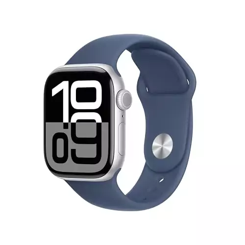Apple Watch Series 10 GPS 42mm in silver with a durable denim band, ideal fitness tracker for educators seeking style and functionality.