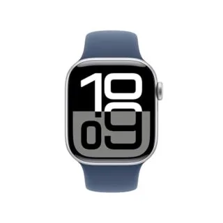 Apple Watch Series 10 42mm GPS in Silver Aluminum with Denim Sport Band. Perfect fitness tracker for educators seeking health and activity monitoring.