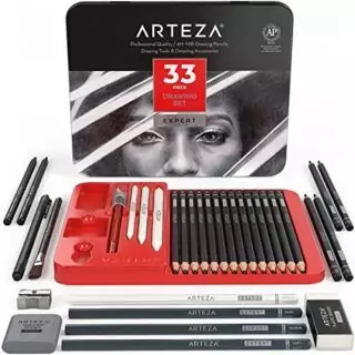 Arteza 33-Piece Drawing Set provides adults with high-quality graphite and charcoal sketching tools, ideal for educators and art instructors.