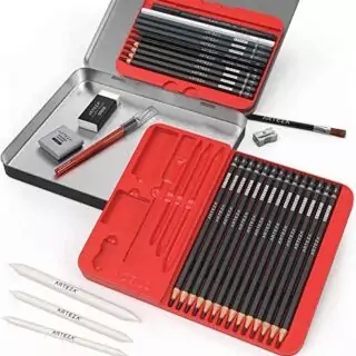 Arteza Drawing Set: 33-piece includes graphite and charcoal sketching tools, ideal for artists, adults, and educators seeking high-quality art supplies.