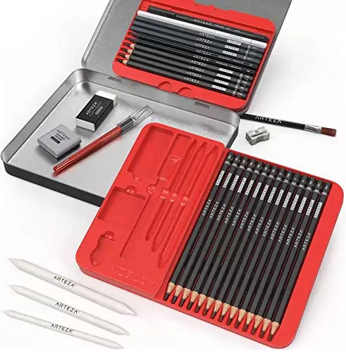 Arteza Drawing Set: 33-piece includes graphite and charcoal sketching tools, ideal for artists, adults, and educators seeking high-quality art supplies.