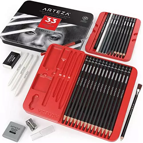 Arteza 33-piece drawing set: ideal for educators and adults, featuring graphite and charcoal sketching tools for versatile creative projects.