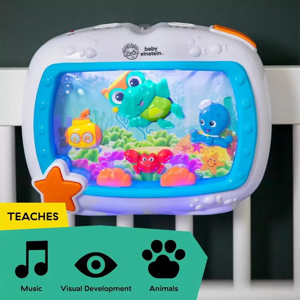 Ocean-themed Baby Einstein Sea Dreams Soother is a musical crib toy and sound machine for newborns, designed to promote calm and learning. Educator approved.