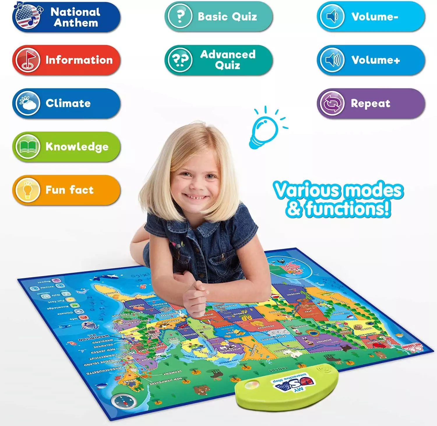 Interactive USA Map for Kids: Engaging Educational Toy for Ages 5-12, Colorful Game Poster Promotes Learning and Fun in Geography.
