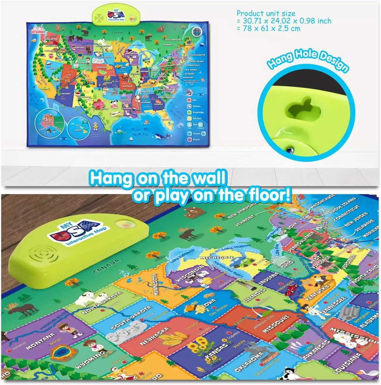 Interactive USA Map Poster for Kids, Ages 5-12 - Educational Tool for Study Rooms, Promotes Fun Learning and Geography Skills Development