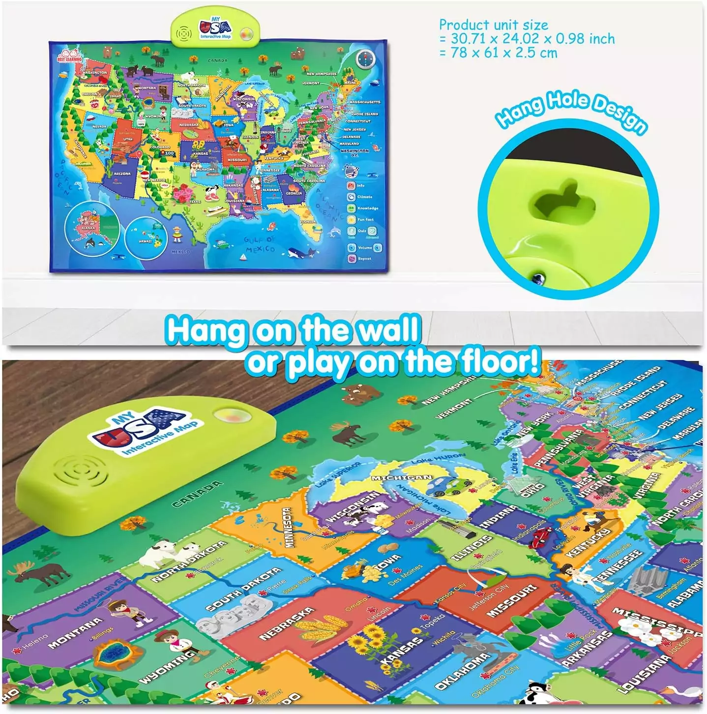 Interactive USA Map Poster for Kids, Ages 5-12 - Educational Tool for Study Rooms, Promotes Fun Learning and Geography Skills Development
