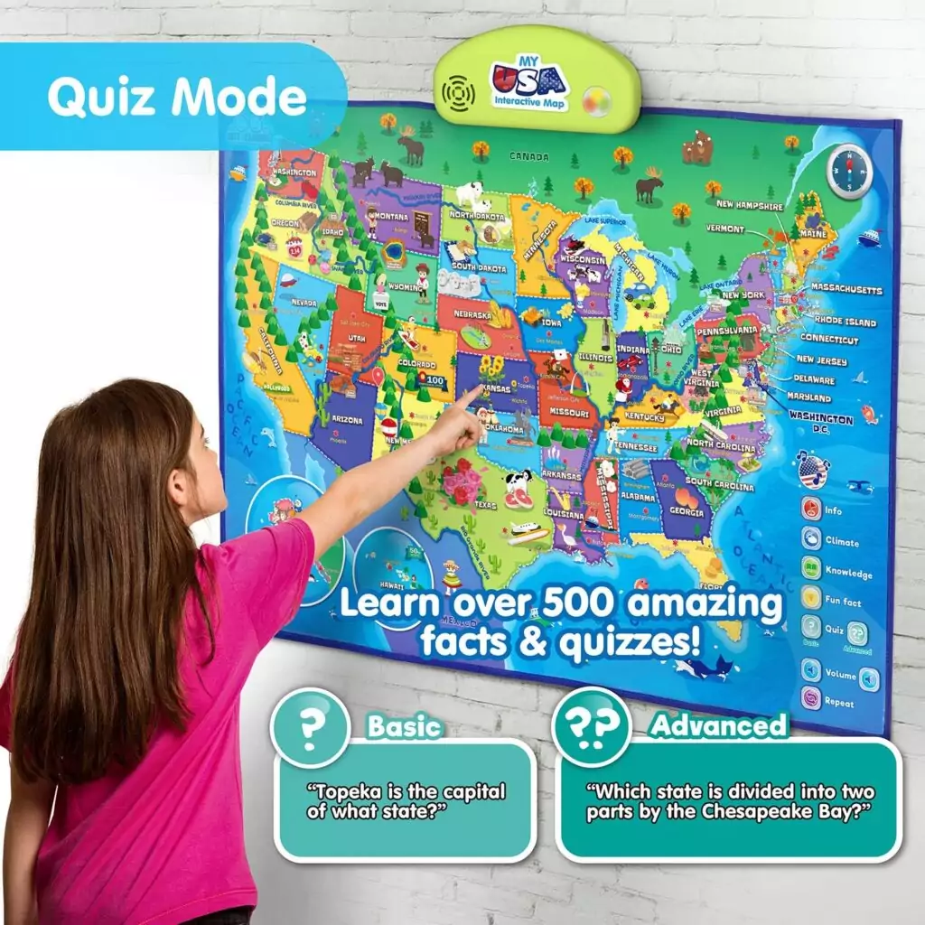 Interactive USA Map Poster for Kids: A Fun Educational Tool for Kids Aged 5-12, Enhancing Geography Skills and Learning through Play.
