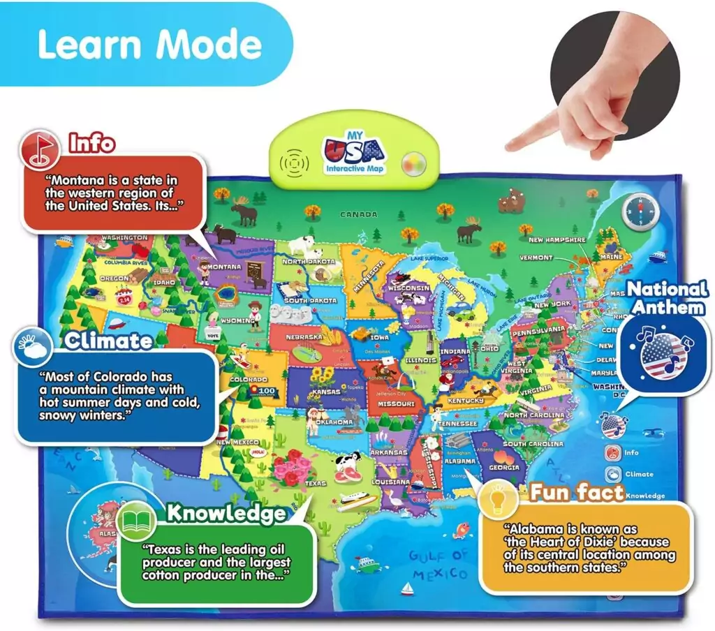 Educational USA Map Poster for Kids 5-12: Interactive Learning Tool with Bright Illustrations for Fun Geography Exploration and Knowledge Building