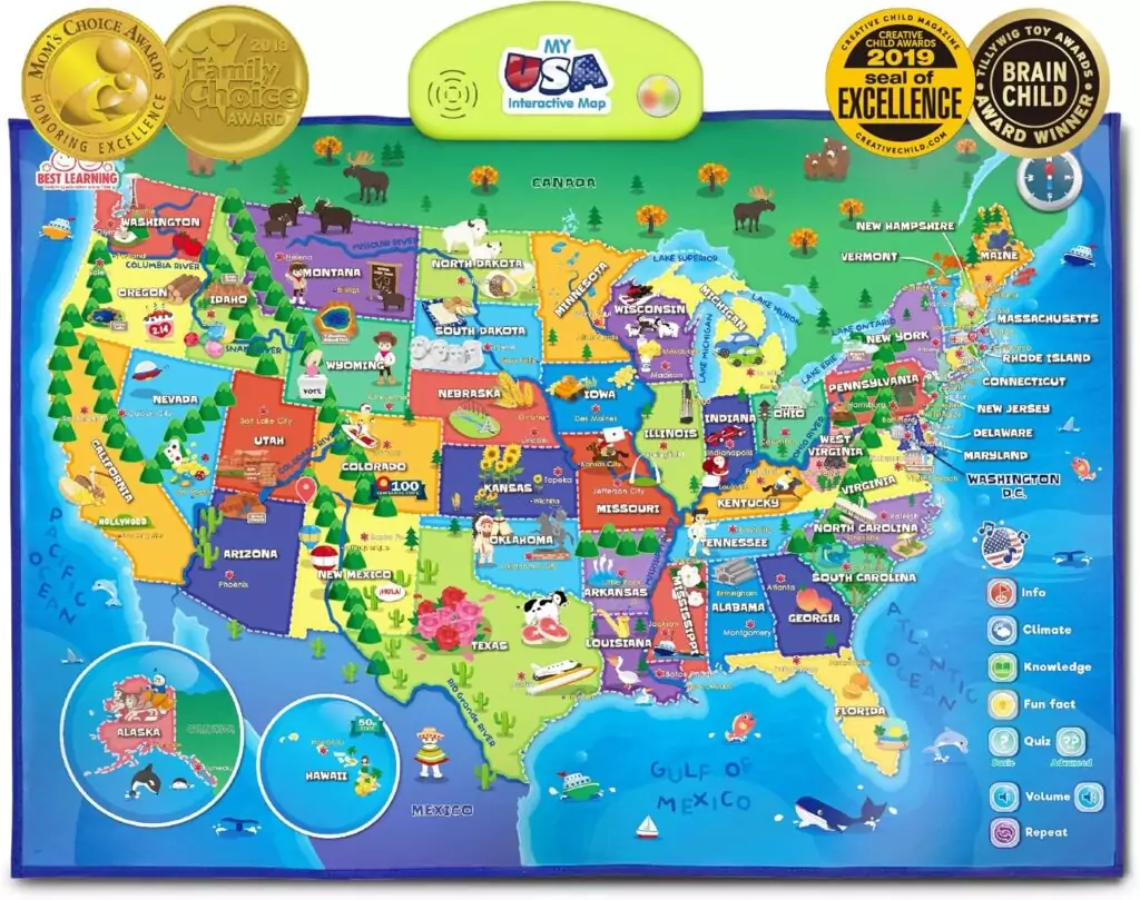 Explore the Interactive USA Map Poster for Kids, an engaging educational toy designed to enhance learning for children aged 5 to 12 through fun geography activities.