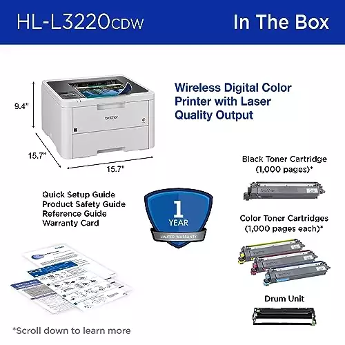 Brother HL-L3220CDW Color Laser Printer for Offices and Schools; features duplex and wireless printing, ideal for efficient document management.
