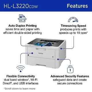 Brother HL-L3220CDW Wireless Color Laser Printer offers fast duplex printing and mobile compatibility, perfect for educators and classroom environments.