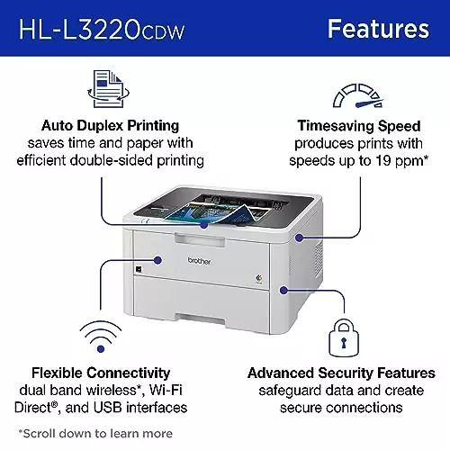 Brother HL-L3220CDW Wireless Color Laser Printer offers fast duplex printing and mobile compatibility, perfect for educators and classroom environments.
